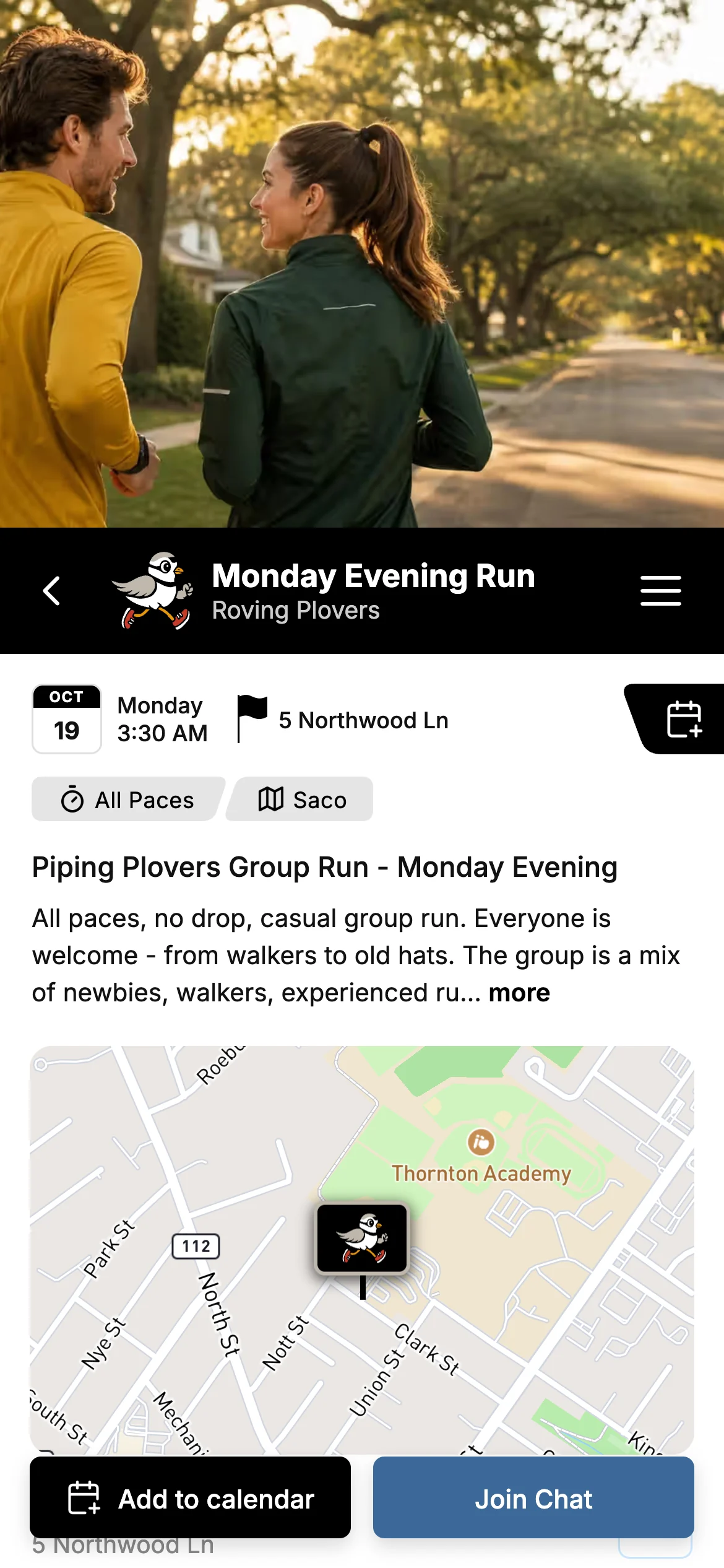 A group run on Flyku on a phone, with its time, pace, map and an add-to-calendar button