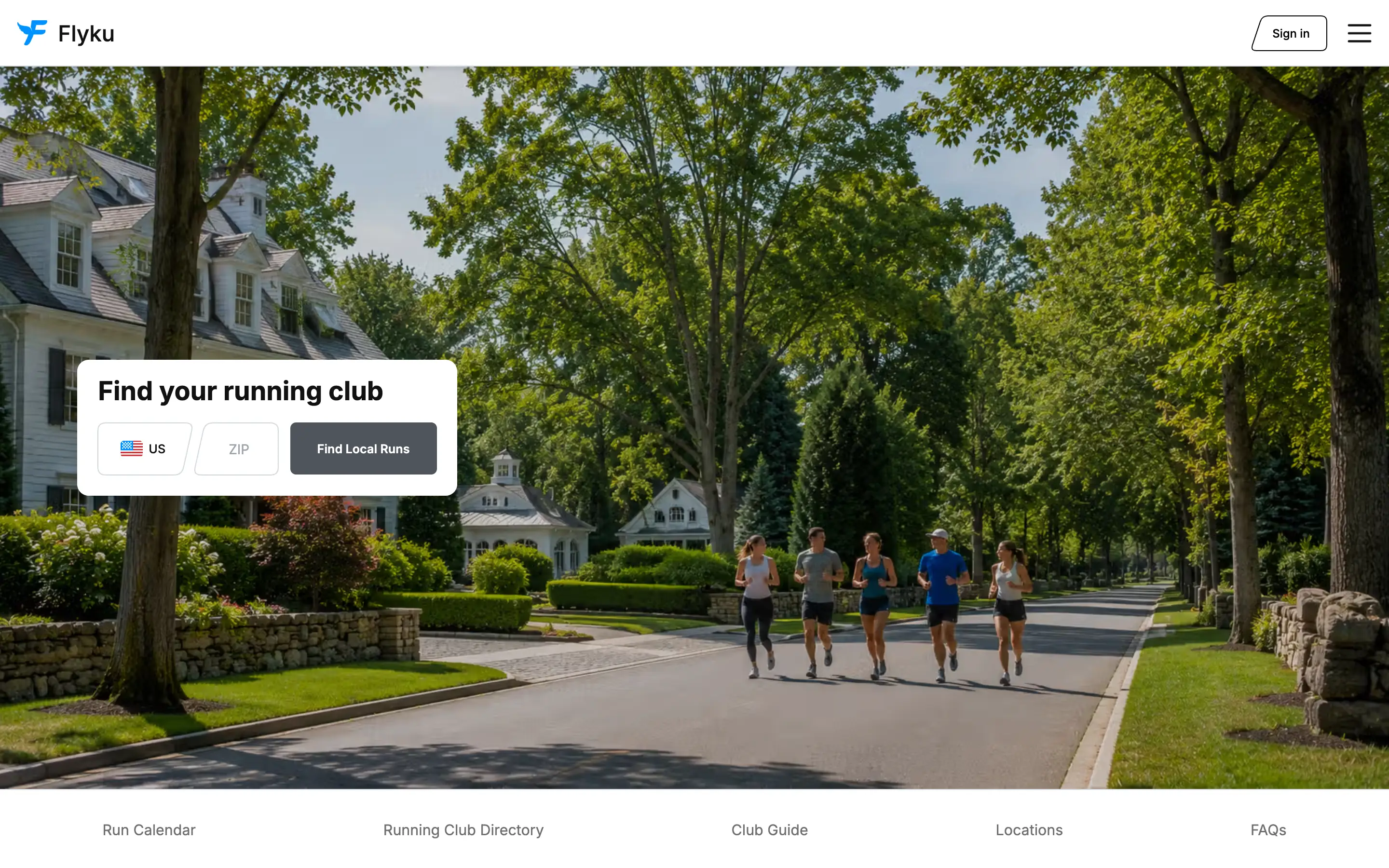Flyku website showing running clubs