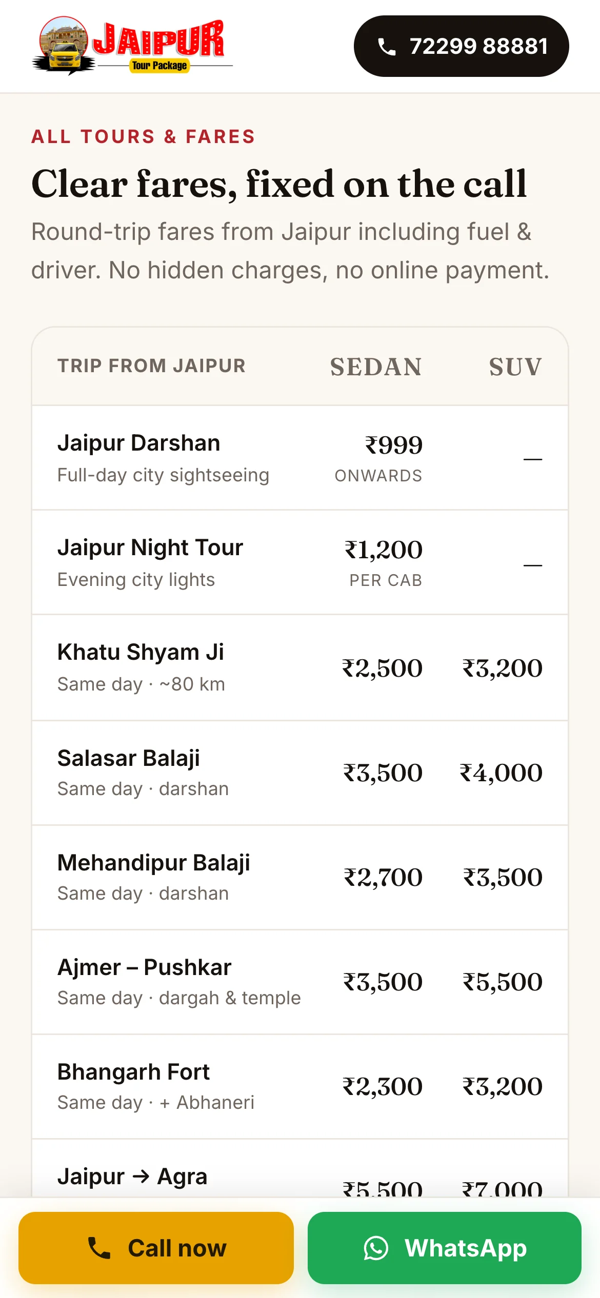 The fares table on a phone: every trip from Jaipur with its sedan and SUV price