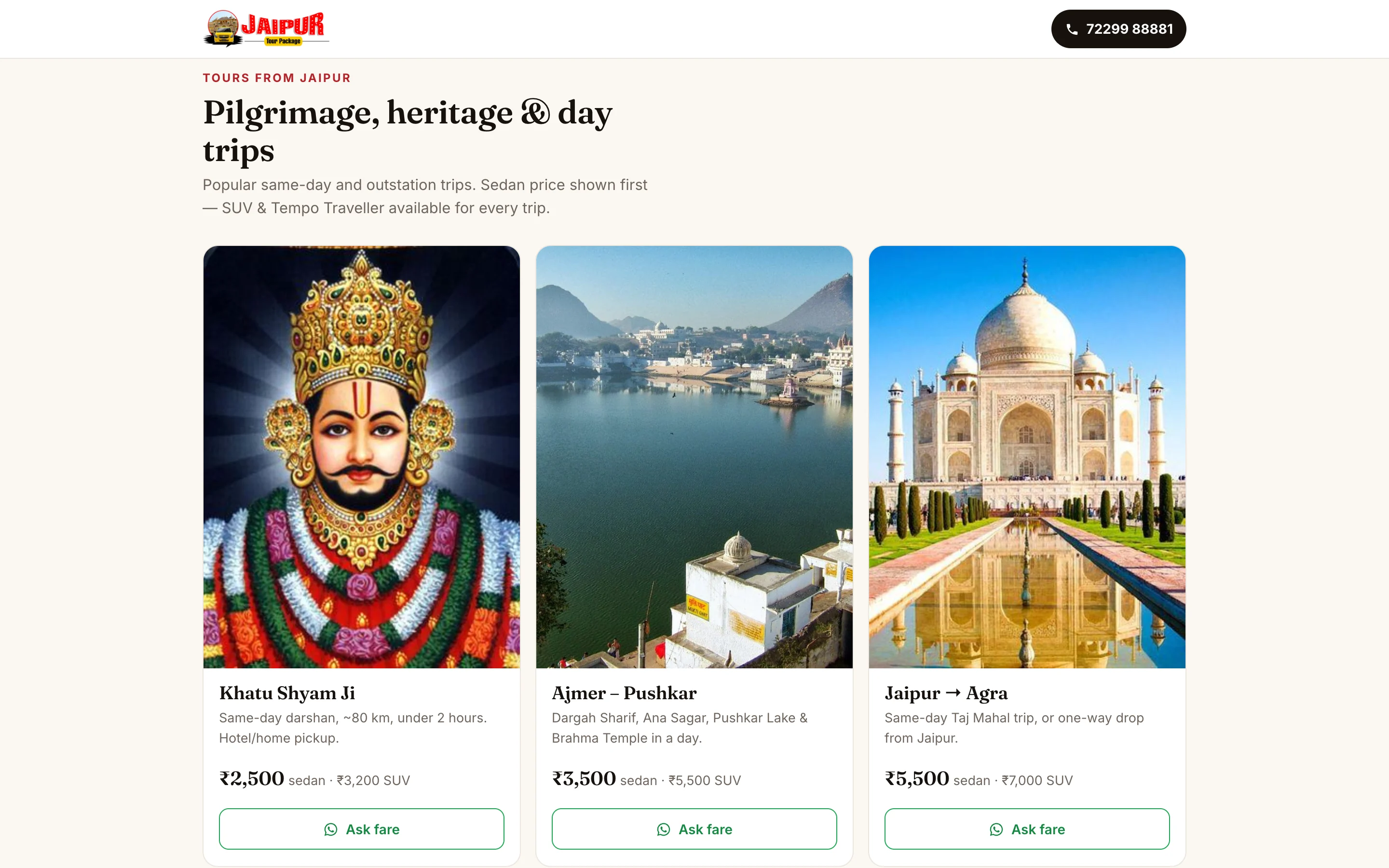 Day trips from Jaipur, each card with its sedan and SUV fare and an Ask fare button