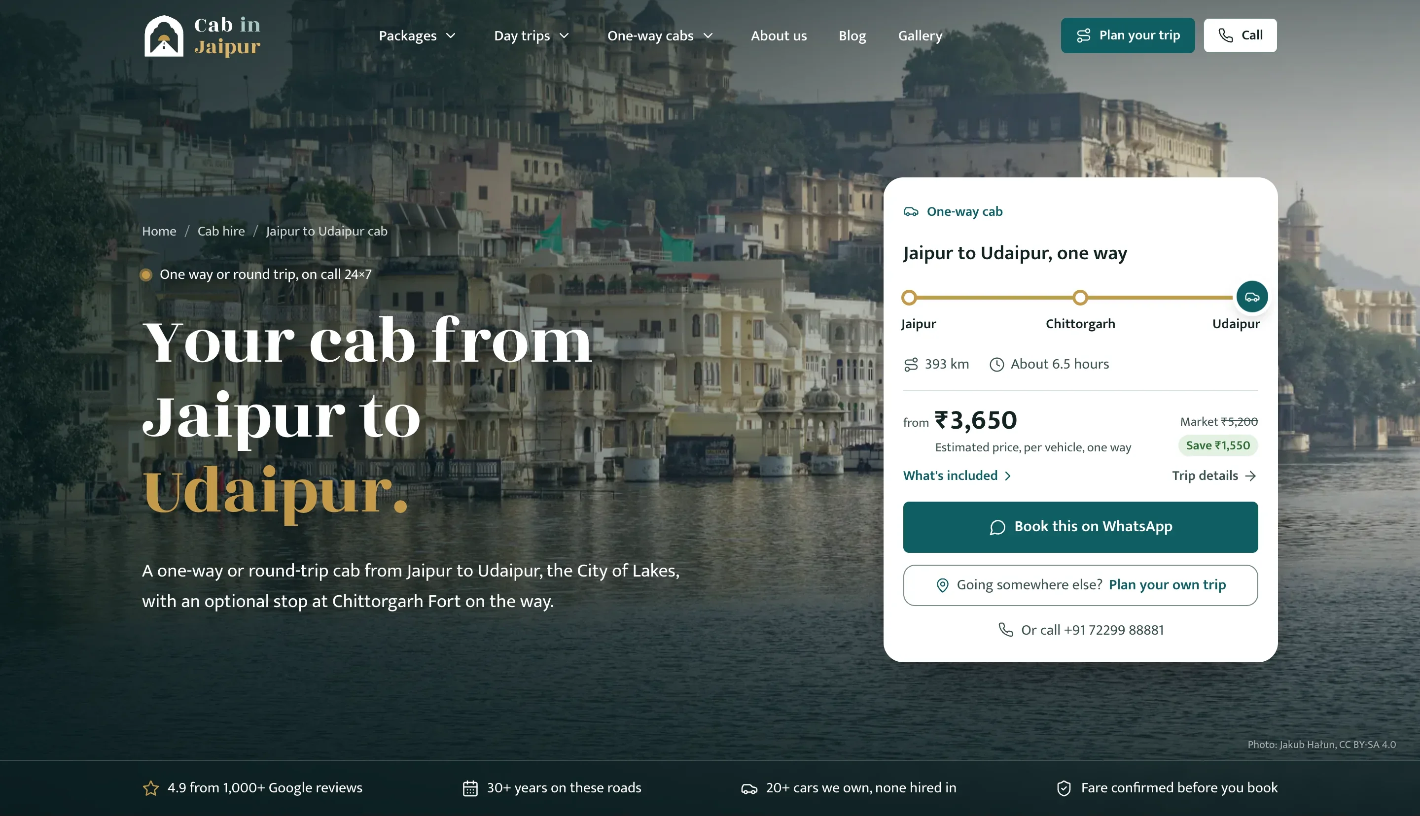 Jaipur to Udaipur one-way cab page, from ₹3,650