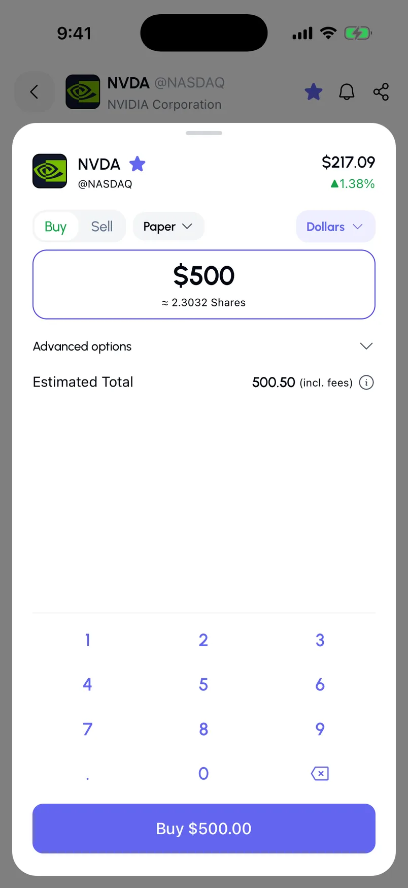 The order ticket on the paper account: $500 of NVIDIA, about 2.3 shares, $500.50 with fees